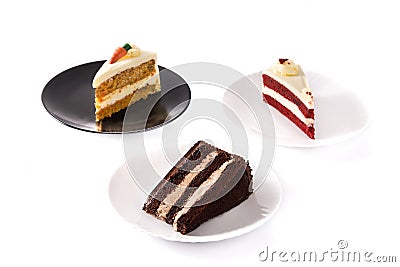 Assortment of sweet cake slices. Chocolate, carrot and velvet cake slices isolated Stock Photo