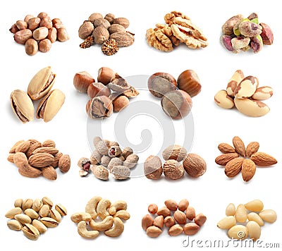 Assortment of tasty nuts on white background Stock Photo