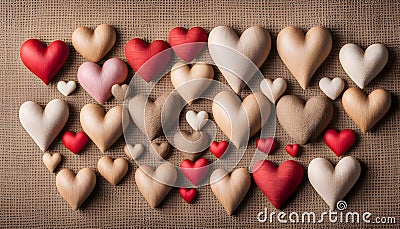 Assortment of Textured Hearts on Woven Background Stock Photo