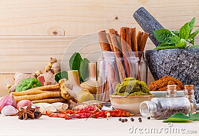 Assortment of Thai food Cooking ingredients and Paste of thai Stock Photo