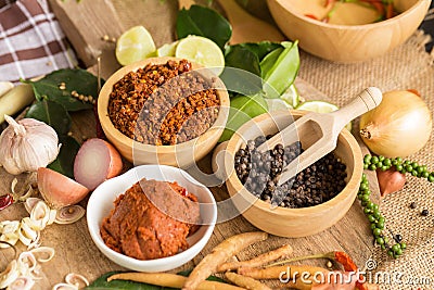 Assortment of Thai food Cooking ingredients. Spices ingredients Stock Photo