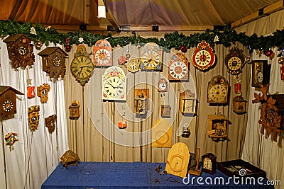 Assortment of vintage wall clocks in market stall Editorial Stock Photo