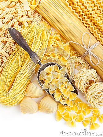 Assortment of uncooked pasta on white Stock Photo