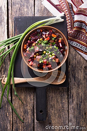 Assortment vegetable salad of Russian cuisine - vinaigrette - beet salad. top view Stock Photo