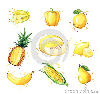 Assortment of yellow foods, watercolor fruit and vegtables Stock Photo