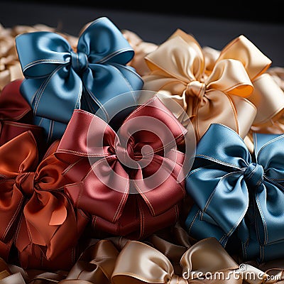 assortments of silk satin gift wrapping bows of various colors. Stock Photo