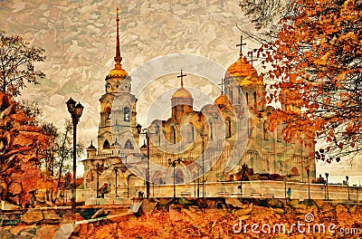 Assumption cathedral in Vladimir, Russia. Artistic autumn collage Stock Photo