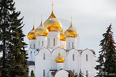 The Assumption Cathedral in Yaroslavl, Russia in winter - Golden domes and Crosses Stock Photo