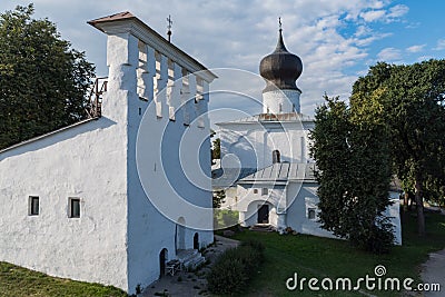 Assumption church from Paromenya Uspenskaya church, XVI century and its bell tower. Pskov city, Pskov Region Pskovskaya oblast Stock Photo