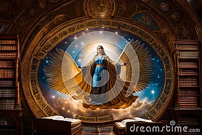 Assumption of Mary portrayed in a cosmic library, where celestial books unfold to reveal Mary's ascent into divine realms Stock Photo