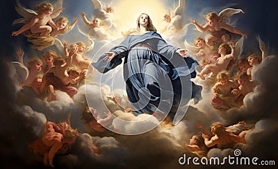 Assumption of Virgin Mary in heaven. Generative Ai Stock Photo