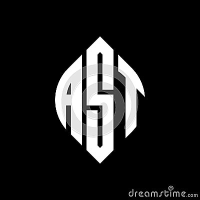 AST circle letter logo design with circle and ellipse shape. AST ellipse letters with typographic style. The three initials form a Vector Illustration