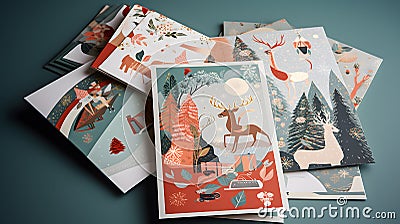 A stack of Christmas cards each with a different festiv generative AI Stock Photo