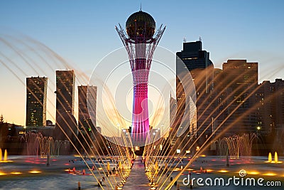 Astana cityscape. Colorful fountains Editorial Stock Photo