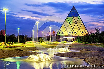 Astana, Kazakhstan, the Pyramid of Peace and Accord on sunset Stock Photo