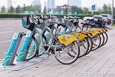 ASTANA, KAZAKNSTAN - July 28, 2016: Urban bicycle rental. Editorial Stock Photo