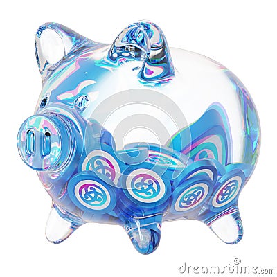 Astar (ASTR) Clear Glass piggy bank with decreasing piles of crypto coins. Cartoon Illustration