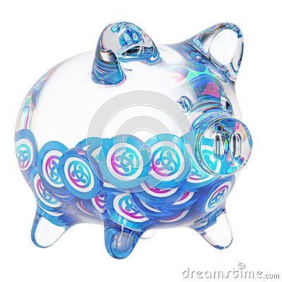 Astar (ASTR) Clear Glass piggy bank with decreasing piles of crypto coins. Cartoon Illustration