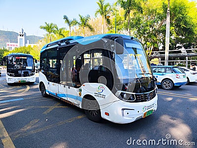 ASTAR Golden Dragon electric autonomous driving bus with Lidar in Shenzhen. Editorial Stock Photo