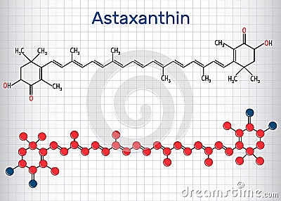 Astaxanthin is a keto-carotenoid. It belongs to class of chemical terpenes. Structural chemical formula and molecule model. Sheet Vector Illustration