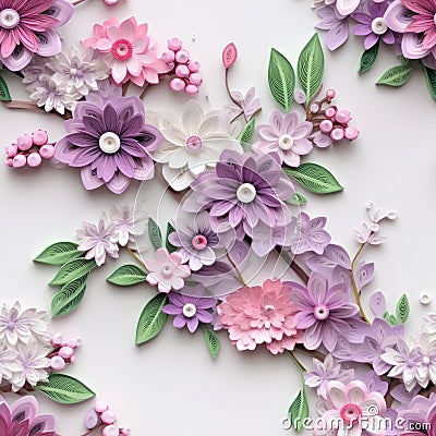 Intricately Sculpted Handmade Purple Paper Flowers On White Background Stock Photo