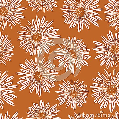 Aster Dahlia Flowers white on gold brown seamless vector pattern. Floral subtle background. Hand drawn contemporary Vector Illustration