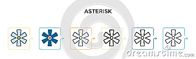 Asterisk vector icon in 6 different modern styles. Black, two colored asterisk icons designed in filled, outline, line and stroke Vector Illustration