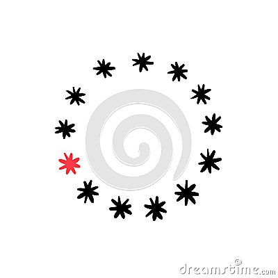 Asterisks arranged in a circle. Snowflakes and round frame. Small stars, sketch drawing, circle frame Vector Illustration