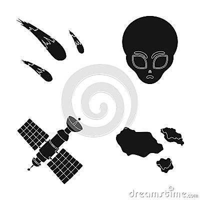 Asteroid, car, meteorite, space ship, station with solar batteries, the face of an alien. Space set collection icons in Vector Illustration