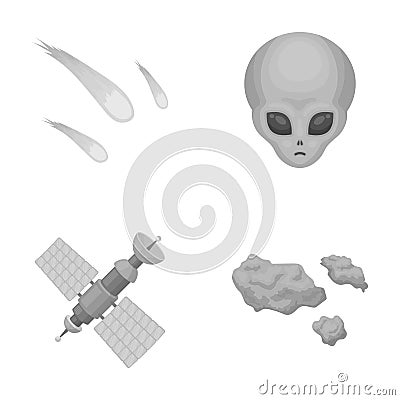 Asteroid, car, meteorite, space ship, station with solar batteries, the face of an alien. Space set collection icons in Vector Illustration