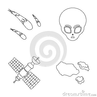 Asteroid, car, meteorite, space ship, station with solar batteries, the face of an alien. Space set collection icons in Vector Illustration