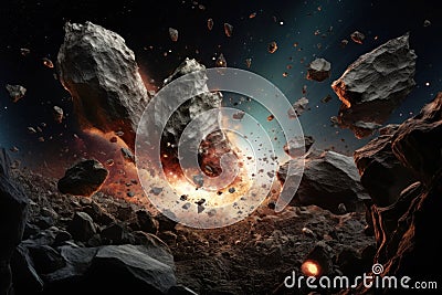 Asteroid Collision in Outer Space. Fiery explosion and flash. Flying comet or meteorite in space. Cosmic Catastrophe Stock Photo