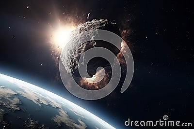 Asteroid or comet hitting planet Earth. Generative AI Stock Photo