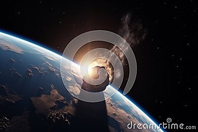 Asteroid or comet hitting planet Earth. Generative AI Stock Photo