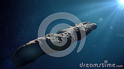 Oumuamua comet, interstellar object passing through the Solar System, unusual shaped asteroid 3d space rendering Stock Photo