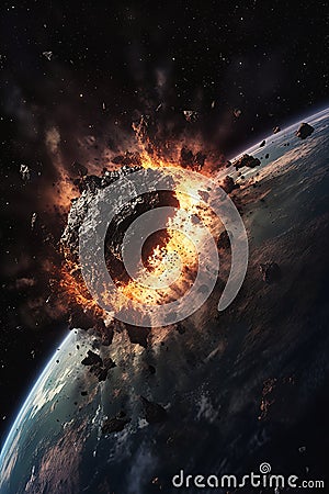 Asteroid Explosion: Large Asteroid Destroys Buildings and Causes Stock Photo