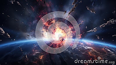Asteroid explosion in space. A digital art representation of fiery space explosion. Catastrophic event in the cosmos Stock Photo