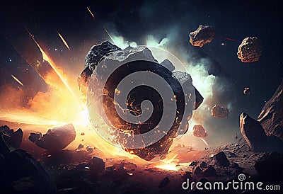 Asteroid with fire in space,asteroids belt, minor or dwarf planet in solar system, meteoroid formation, generative AI Stock Photo