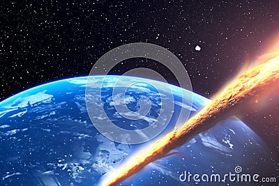 Asteroid. Giant asteroid cruising near Planet Earth scenery or spacescape. Outer space landscape and astronomy 3D Cartoon Illustration