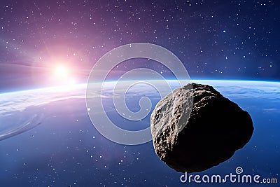 Asteroid. Giant asteroid cruising near Planet Earth scenery or spacescape. Outer space landscape and astronomy 3D Cartoon Illustration