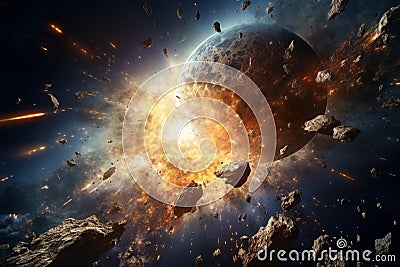 asteroid explosion while orbit in the galaxy,sci-fi concept, ai generated Stock Photo