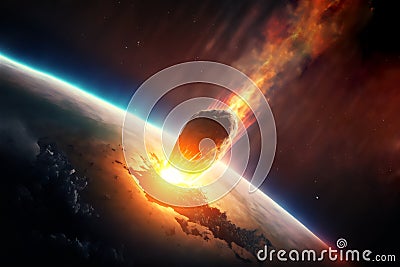 Asteroid impact, end of world, judgment day. Group of burning exploding asteroids from deep space approaches to planet Earth. Stock Photo