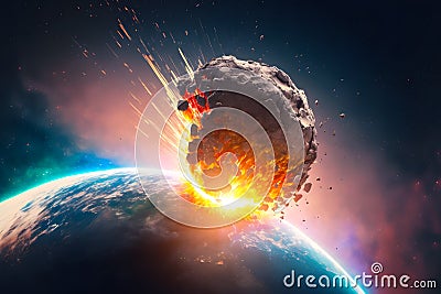 Asteroid impact, end of world, judgment day. Group of burning exploding asteroids from deep space approaches to planet Earth. Stock Photo