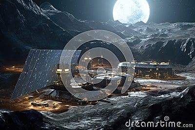 asteroid mining base with solar panel array Stock Photo