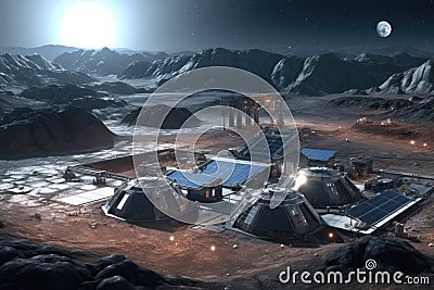 asteroid mining base with solar panel array Stock Photo