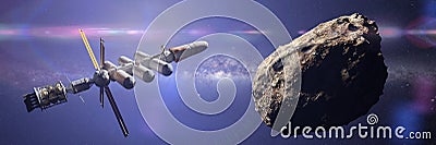 Spaceship approaching asteroid, dwarf planet mission, deep space exploration 3d science fiction illustration banner, elements of Stock Photo