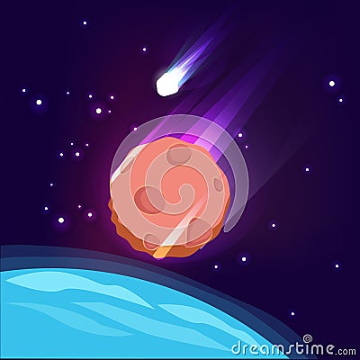 Asteroid in space. Meteorite in sky dark apocalypse concept big star comet glowing vector background Vector Illustration