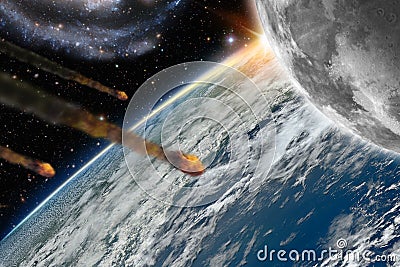 Asteroids flying over planet earth Stock Photo