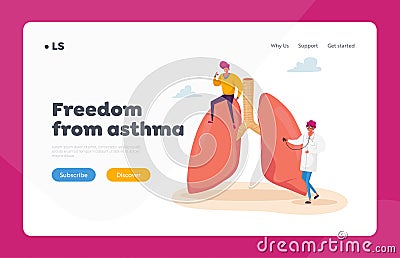 Asthma Disease, Respiratory, Pulmonology Landing Page Template. . Doctor Character with Stethoscope Checking Lungs Vector Illustration