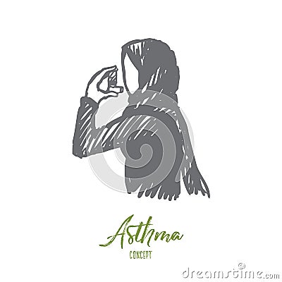 Asthma, inhaler, health, Islam, hijab concept. Hand drawn isolated vector. Vector Illustration